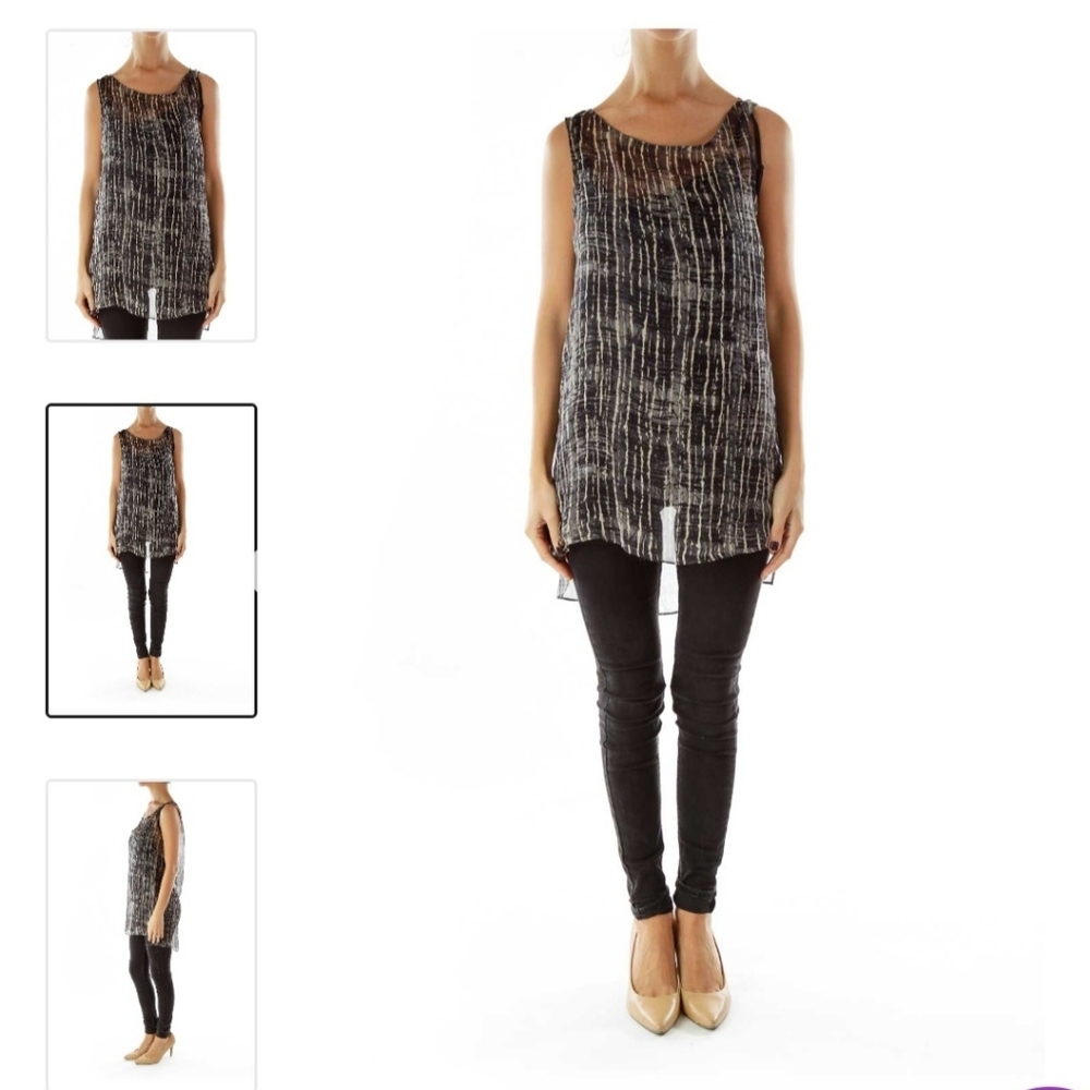 Eileen Fisher 100% Silk Loose Layered Tank Tunic Top Black Gray Cream Size Small